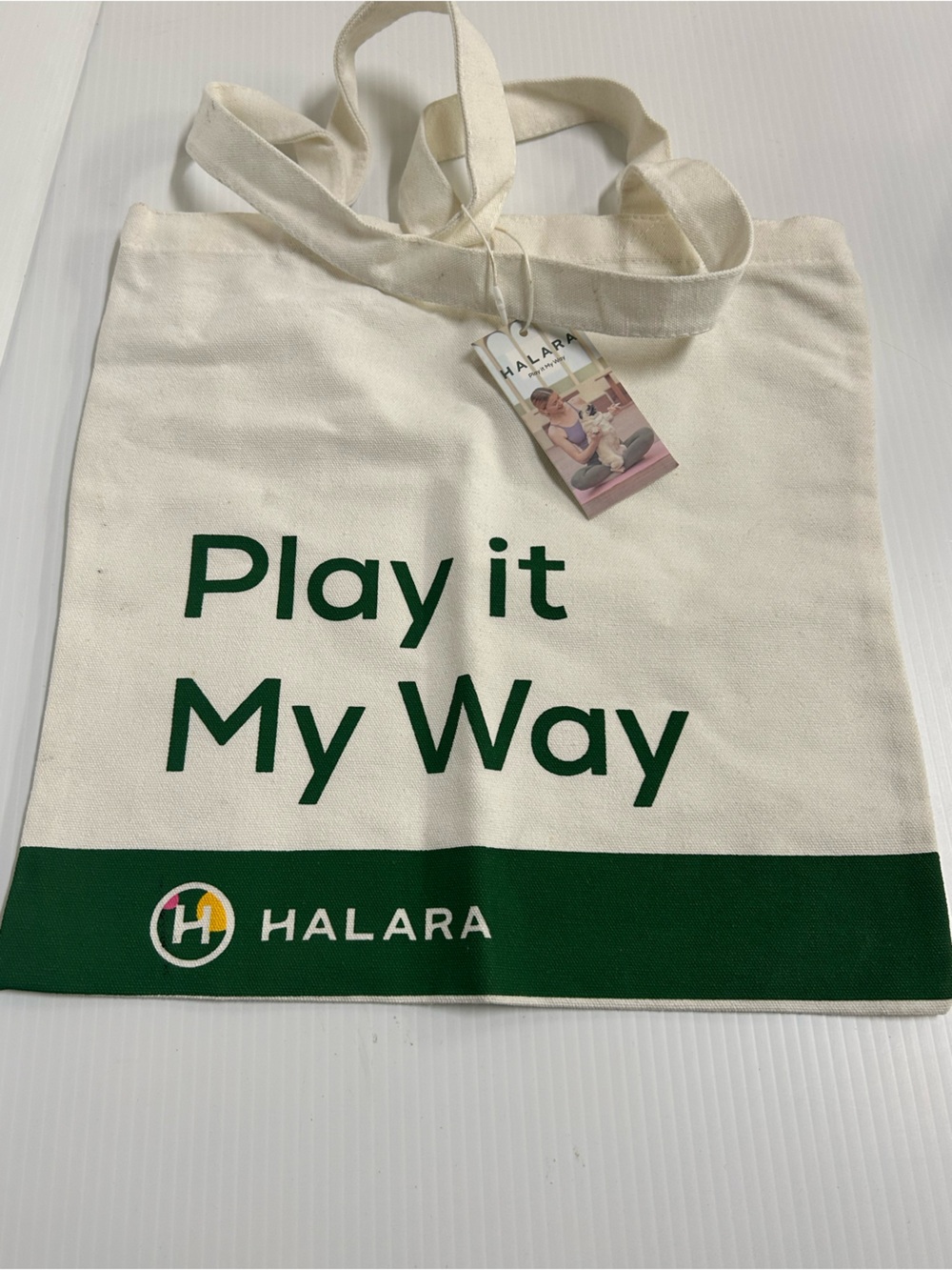 Halara Play It My Way Canvas Tote Bag White/Green One Size 14" x 14" Brand New